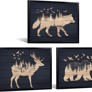 iKNOW FOTO 3 Piece Framed Animal Canvas Wall Art Set 12×16 Inch Rustic Wolf Deer Bear Prints Woodland Forest Silhouette Artwork with Black Frame for Living Room Bedroom Lodge