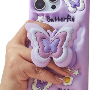 Kawaii 3D Butterfly Phone Case for iPhone 14 Pro (with Retractable Phone Stand & Grip) Cute Girly Cartoon Soft Silicone Phone Cover for Girls, Boys, Kids, Teens, and Women, Purple