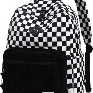 VASCHY Corduroy Backpack for School, Lightweight School Bag for Elementary, Middle & High School, Teen Bookbag, Casual Travel Daypack Black White Checkered