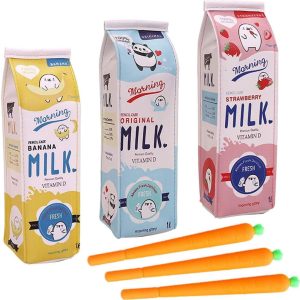 NYKKOLA Kawaii Set of 3 Milk Carton Pencil Cases Cosmetic Bag + 3 Carrot Gel Ink Pens