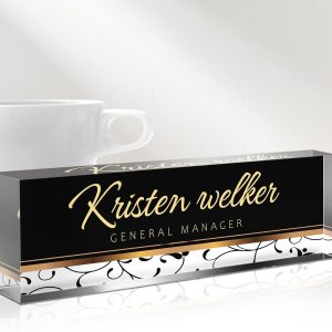 Desk Name Plate Personalized, Custom Name Plates for Desks, Personalized Acrylic Name Plate for Desk, Office Gifts for Coworkers, Boss, Teacher/Employee Appreciation Gifts (Black/Gold Stripe)