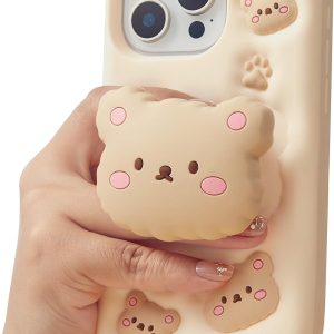 Kawaii 3D Teddy Bear Phone Case for iPhone 13 (with Retractable Phone Stand & Grip) Cute Girly Cartoon Soft Silicone Phone Cover for Girls, Kids, Teens, and Women, Beige