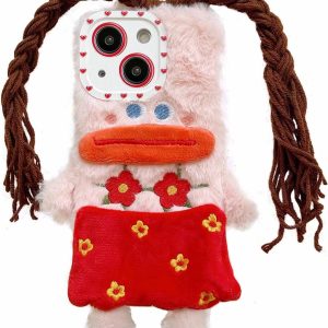 for iPhone 14 Case Cute Phone Case,Kawaii 3D Doll DIY Hair Braids Girl Camera Protector Plush Case Furry Winter Warm Funny Phone Cases for iPhone 14 Women Girls(Sausage Mouth Girl)