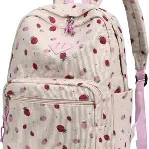 VASCHY Corduroy Backpack for Girls, Lightweight School Bag for Elementary, Middle & High School, Teen Bookbag, Women’s Casual Travel Daypack Strawberry