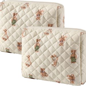 Quilted Cotton Makeup Bag 2Pcs Coquette Cosmetic Bag,Large Soft Floral Travel Toiletry Bag for Women and Girls (01Bear)