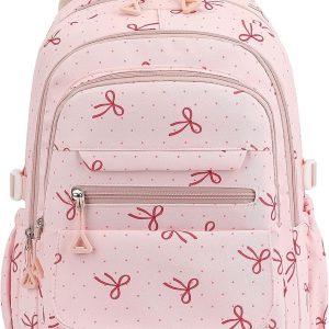 Phaoullzon Girls School Coquette Backpack for Teen Kawaii Bows Bookbag College Daypack,Pink Bow