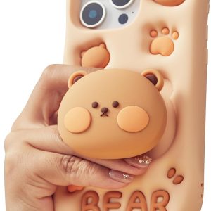 Kawaii 3D Teddy Bear Phone Case for iPhone 14 Pro (with Stand and Grip) Cute Girly Cartoon Animal Phone Cover for Girls, Boys, Kids, Teens, and Women, Tan