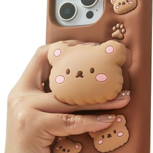 Kawaii 3D Teddy Bear Phone Case for iPhone 14 Pro (with Retractable Phone Stand & Grip) Cute Girly Cartoon Soft Silicone Phone Cover for Girls, Kids, Teens, and Women, Brown