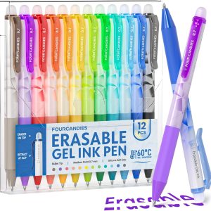 Four Candies Erasable Gel Pens, 0.7 mm Medium Point, Retractable Erasable Pens, Make Mistakes Disappear, 12 Assorted Colors for Drawing, Writing & Planners
