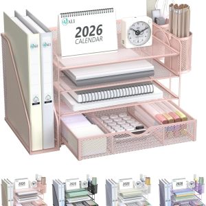 WALI Desk File Organizer, 4 Tier Desktop Paper Letter Tray Organizer with Drawer and 2 Pen Holders, Office Desk Accessories & Workspace Organizers for Office, Home Supplies(DO005DH-P), 1 Pack, Pink