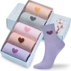Corlap Women’s Cotton Crew Socks – Ankle High Fun Cute Heart Casual Dress Athletic Socks – 5Pairs Gifts for Mother/Her