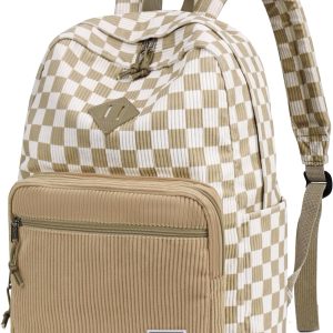 VASCHY Corduroy Backpack for Girls, Lightweight School Bag for Elementary, Middle & High School, Teen Bookbag, Women’s Casual Travel Daypack Khaki Plaid