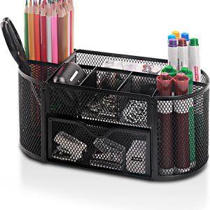 Comix Mesh Pen Pencil Holder Desk Organizer, 8 Compartment and 1 Drawer Wire Desktop Pen Pencil Cup Caddy Office Supplies Accessories for Home Office School, Black