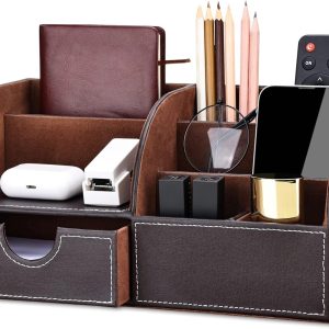 KINGFOM Pu Leather Desk Organizer Pen Pencil Holder Office Supplies Caddy Storage Box 6 Compartments with Drawer Brown