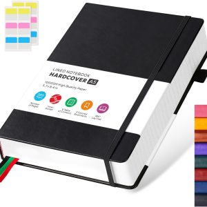 Hardcover Lined Notebook Journal for Writing, 320 Pages Leather Thick College Ruled Notebook Journal with 100GSM Paper, A5 (5.7” X 8.4”) Daily Journal for Women Men Work Organization, Black