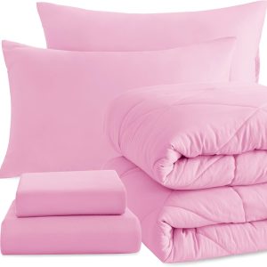 NTBAY Twin Comforter Set with Sheets, 5 Pieces Soft and Breathable Twin Bedding Set, Twin Bed in a Bag, Down Alternative Comforter Set Solid Color All Season, Kids Bedding Set, Pink