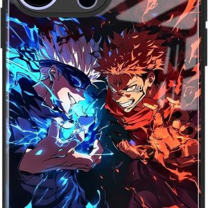 Anime Phone Case for iPhone 15, Manga Design Tempered Glass Back with Soft Silicone Bumper, Shockproof Glossy Cover Shell