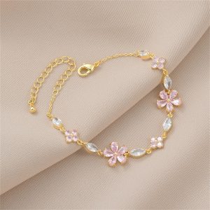 Pink Crystal Cherry Blossom Flower Chain Link Bracelet For Women Gold Silver Plated Fashion Cute Delicate CZ Petal Floral Sakura Bangle Bracelets Adjustable Sweet Dainty Fine Jewelry Gifts For Her