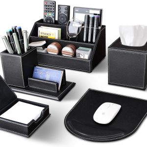 KINGFOM 5PCS Desk Organizer and Accessories Set, Pu Leather Office Supplies with Multifunction Desktop Organizer Storage Box, Tissue Holder, Mouse Pad, Note Paper Holder, Pencil Holder for Desk Black