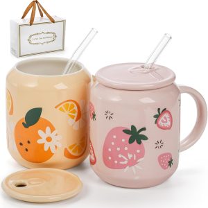 Noamus 2 Pack Cute Ceramic Mugs with Lid and Straw, 13 Oz Fruits Pattern Coffee Cup with Handle, Handmade Strawberry Orange Tea Cup for Office Home, Hot Ice Water Chocolate Milk, Women Gift