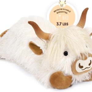Onsoyours Original Heatable & Weighted Highland Cow Stuffed Animals, 3.7 Lbs Microwavable Plushies for Stress Relief – 20″ Large Comfort Soft Plush Toys for Kids & Adults(White)