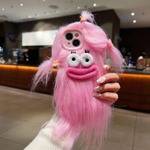 for iPhone 15 Plus Case,Funny and Silly Weird Furry Phone Cases [DIY Long Hair with Hairclip] Ugly Phone Case Swap Challenge Gifts with Friends (Pink)