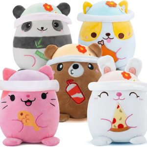 AIXINI Animal Plush Toys Set – Panda, Brown Bear, Bunny, Corgi, Pink Cat with Cute Hats, Soft Stuffed Animals for Kids, Christmas Birthday Gifts (Five-in-one, Medium Size)