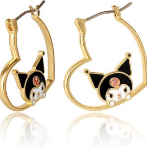 Sanrio Hello Kitty and Friends Earring Collection – Yellow Flash-Plated Heart Hoop and Crystal Earrings Featuring My Melody, Kuromi, and Hello Kitty, Officially Licensed