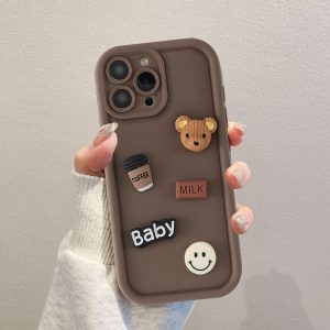 Cute Brown Phone Case for iPhone 13 Kawaii 3D Bear Happy Smile Case 6.1″, Aesthetic Preppy Pattern Print Design Women Girly Cover Shockproof Soft Slim Silicone TPU Camera Protective Funda