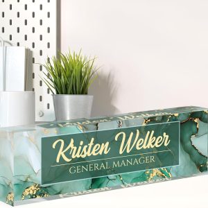 Name Plate for Desk, Desk Name Plate Personalized, Green Office Decor for Women Men, Acrylic Desktop Accessories, Office Gifts for Boss Nurse Teacher Coworker, Employee Appreciation Gift (Green Coast)