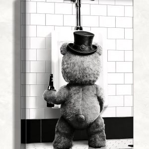 HomeifHue Funny Teddy Bear Bathroom Wall Art, Cute Teddy Bear Holding Bottle Standing on Toilet Wall Decor Painting, Black and White Animal Canvas Pictures for Bathroom Restroom 6x8in