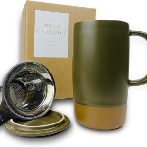 Mora Ceramics Large Tea Mug with Loose Leaf Infuser and Ceramic Lid, 18 oz, Portable, Microwave and Dishwasher Safe, Tall Coffee Cup – Rustic Matte Ceramic Glaze, Modern Herbal Tea Strainer, Olive
