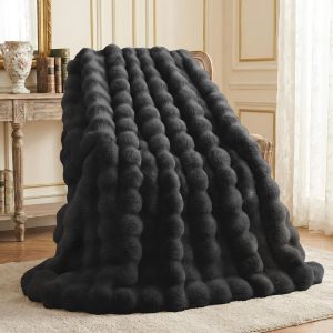 L’AGRATY Faux Rabbit Fur Blanket: 50″ x 60″ Luxury Soft Fluffy Thick Fur Throw Blanket for Couch Bed Sofa – Cozy Plush Bubble Blankets for Winter: Warm Flannel Fleece Decorative Blanket(Black)