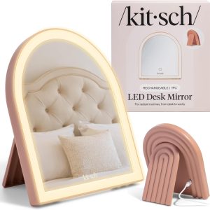 Kitsch Arch Desk Vanity Mirror with Lights, LED Makeup Surface, Touch Sensor Dimmable Warm Neutral Cool Glow, Rechargeable Desk Mirror with Kickstand for Travel – Terracotta
