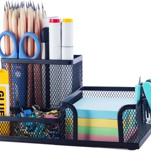 M&G Mesh Pen Holder Desk Organizers Pencil Holder for Desk Black, 3 Compartments Metal Office Supply Organizer with Sticky Notes Holder for School Home Office