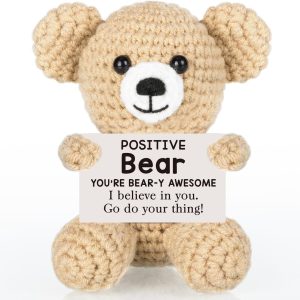 WELLBANEE Positive Crochet Bear Gift for Women Men, Mothers for Dad Mom, Positive Bear Graduation Gift for Daughter Son Student, Teacher, Friends, Boss Gifts for Women Coworker
