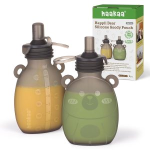 haakaa Happii Bear Silicone Goody Pouch,Reusable Baby Food Pouches for Homemade Organic Purees, Juices, Smoothies, and Yogurt – Perfect for Toddlers and Kids – 2 Pack, 6oz