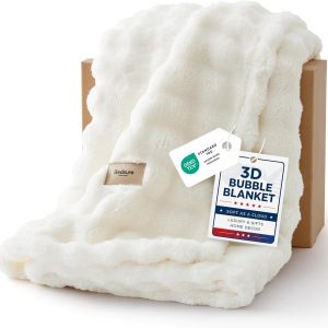 Bedsure 3D Fleece Bubble Blanket for Couch – GentleSoft Cute White Throw Blanket for Sofa Bed Room Decor – Luxury Soft Cozy Cloud Blanket Mothers Gifts for Women, Lightweight, Off White, 50″×60″
