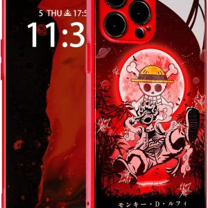 Japanese Anime Anti-Drop Color Soft Silicone Protective Shell Manga Pattern Tempered Glass Covers Multicolor Phone Cases (Red, Gear 5 Nika Joy Boy, for iPhone 13)