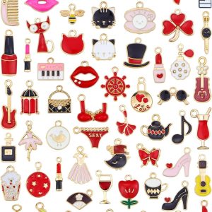 JIALEEY 60Pcs Assorted Gold Plated Enamel Lipstick Makeup Party Fashion Style Charm Pendant DIY for Necklace Bracelet Jewelry Making and Crafting