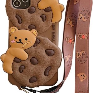 Case for iPhone 12/12 Pro with Strap Lanyard Keychain Cute Bear Cookie Kawaii Funny Soft Silicone Shockproof Protective Cover for Women Girls
