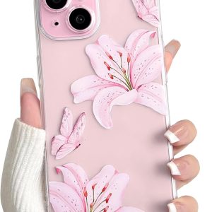 NITITOP Compatible with iPhone 15 Case Clear Cute Butterfly Lily Flower Floral Pattern for Women Girls Full Camera Lens Clear Slim Shockproof Protective Phone Cover – Pink
