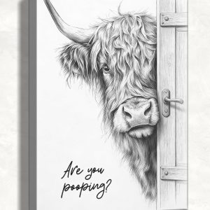 HomeifHue Funny Highland Cow Bathroom Wall Art, Farmhouse Wall Decor with Humorous Are You Pooping Canvas Print, Black and White Animal Canvas Pictures for Bathroom Restroom 6x8in