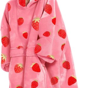 KFUBUO Wearable Blanket Hoodie for Adults Sherpa All Patterns Oversized Sweatshirt Blanket with Pockets Cute Birthday Gifts for Sister Strawberry