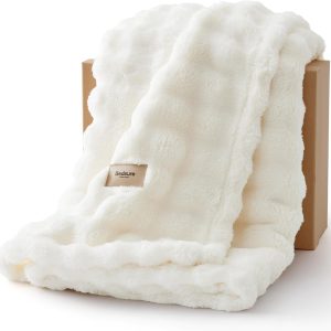 Bedsure 3D Fleece Bubble Blanket for Couch – White Twin Blanket for Sofa Bed Room Decor, College Dorm Room Essentials for Girls – Luxury Soft Cozy Summer Gift for Women Girls, Off White, 60″×80″