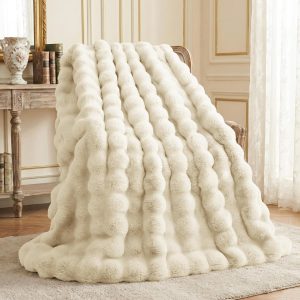 L’AGRATY Faux Rabbit Fur Blanket: 50″ x 60″ Luxury Soft Fluffy Thick Fur Throw Blanket for Couch Bed Sofa – Cozy Plush Bubble Blankets for Winter: Warm Flannel Fleece Decorative Blanket(Almond White)