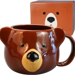 Bear Mug 14 oz Ceramic Coffee Mug 3D Porcelain Tea Cup for Women & Men – Kawaii Bear Gifts for Christmas, Housewarming, Birthday – Brown