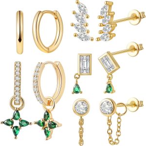 Gold Hoop Stud Earrings Stacks for Women,14K Gold Plated Chain Earring Sets,Hypoallergenic Drop Dangle Earrings for Women,20G Christmas Earring for Multiple Piercing