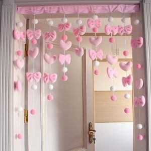 Cute Plush Curtain for Door Window Wall 33″ W x 36″ L Self-Adhesive Pink Bow Heart-Shaped Kawaii Curtain for Living Room and Bedroom Decor