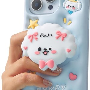 Kawaii 3D Dog Phone Case for iPhone 14 Pro (with Retractable Phone Stand & Grip) Cute Girly Cartoon Soft Silicone Phone Cover for Girls, Kids, Teens, and Women, Blue